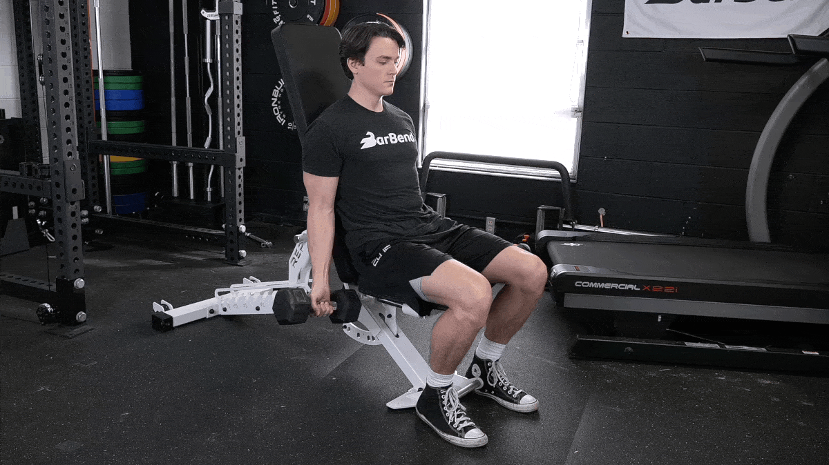 BarBend's Jake Herod performing the seated dumbbell curl.